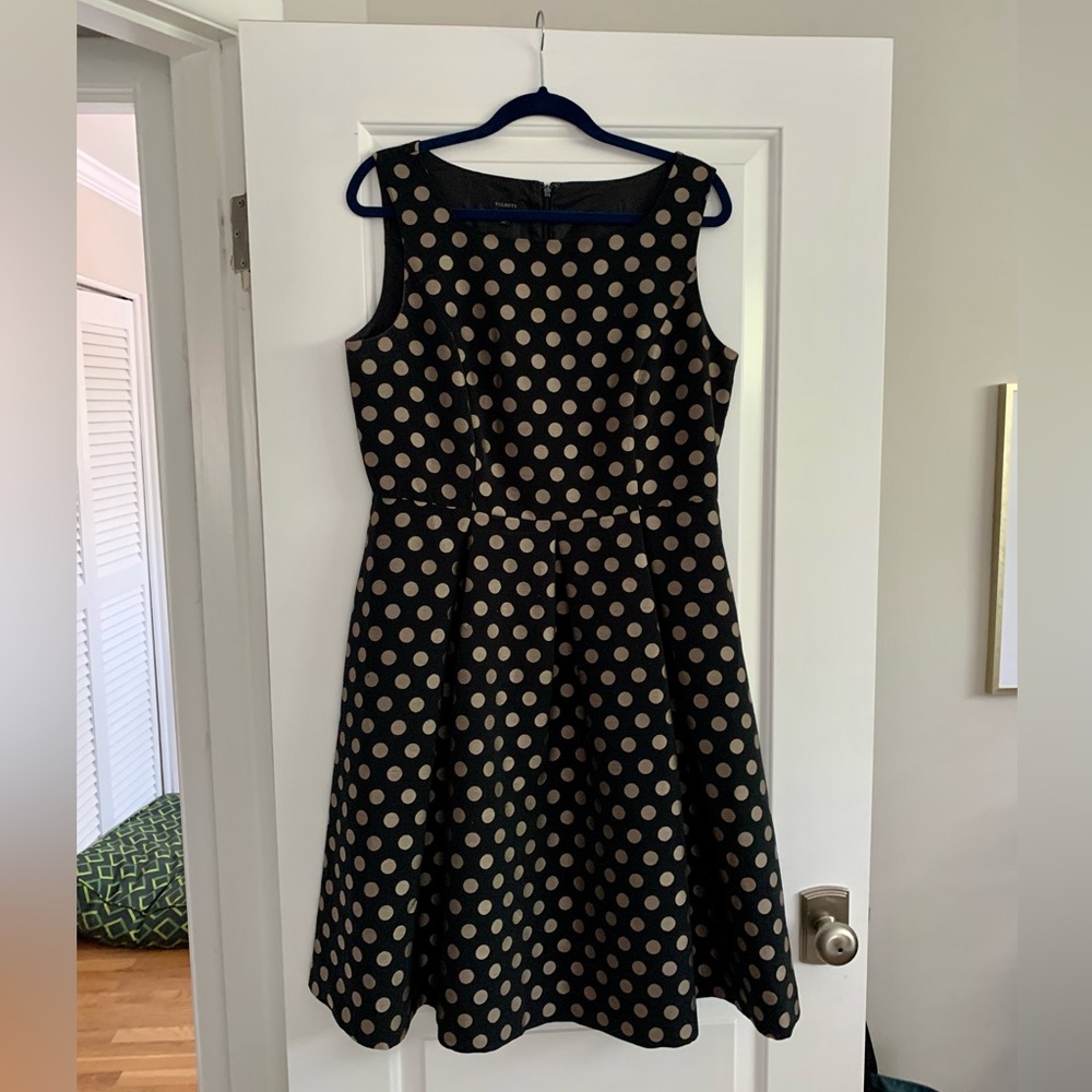Talbots Womens sleeveless party midi dress black & gold polka dots size 12